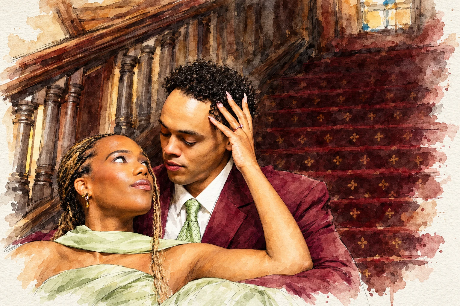 Watercolor illustration of Alexis and Gary embracing on a historic staircase