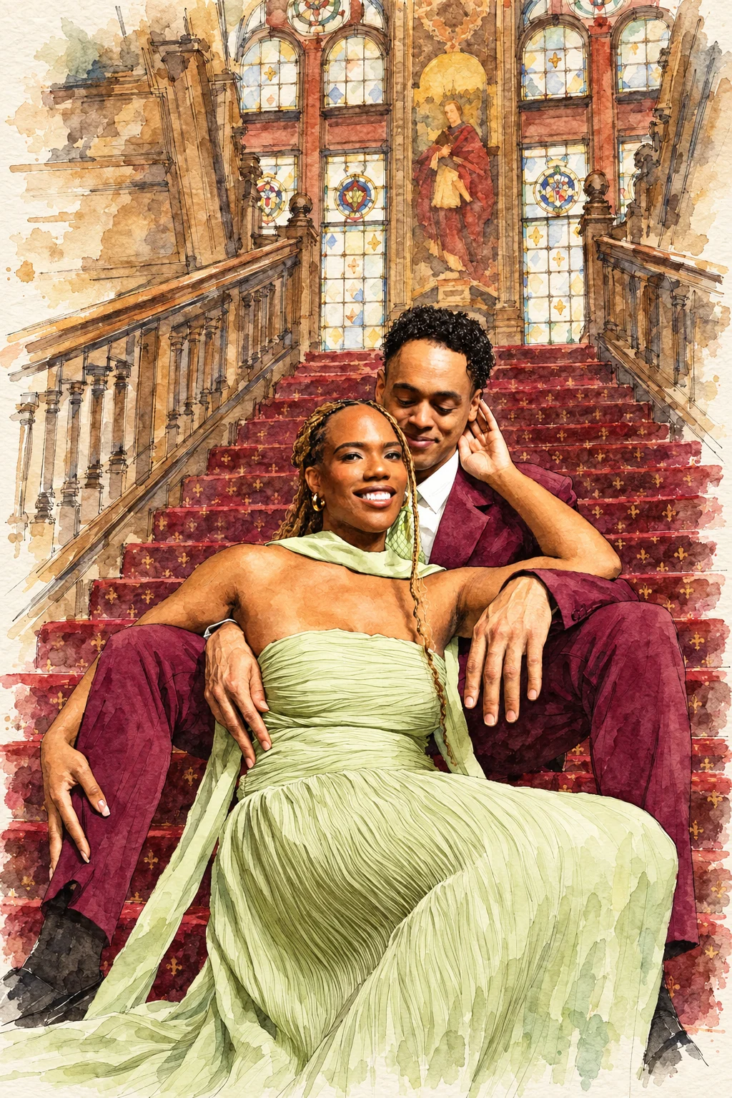 Watercolor illustration of Alexis and Gary seated together on the staircase